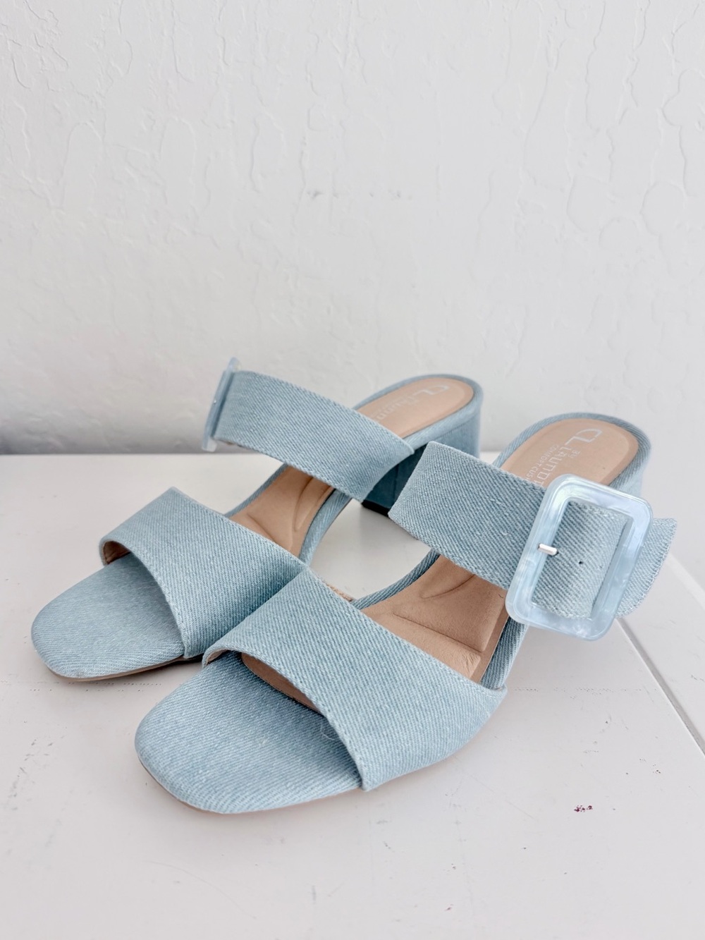 CL by Chinese Laundry ‘Betty’ Denim Block Heel Dress Sandals, Lt Blue, Sz 7.5